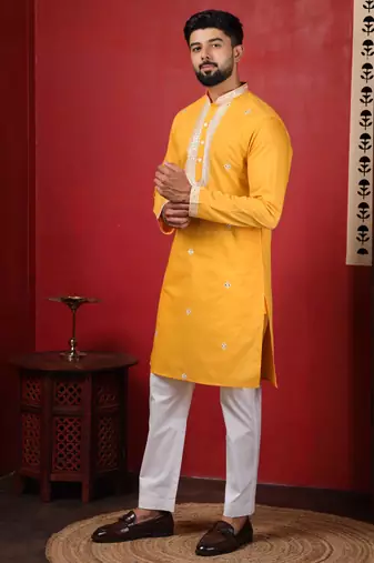 Yellow embroidered kurta payjama for mens' traditional looks