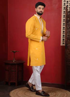 Yellow embroidered kurta payjama for mens' traditional looks 5