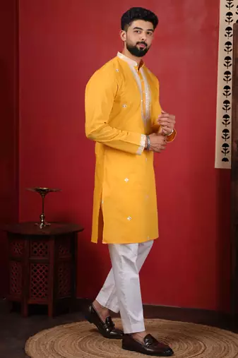 Yellow embroidered kurta payjama for mens' traditional looks