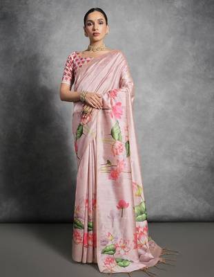 Floral Printed Zari Tussar Saree With Tassels 1