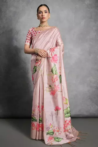 Floral Printed Zari Tussar Saree With Tassels