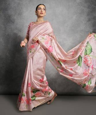 Floral Printed Zari Tussar Saree With Tassels 2