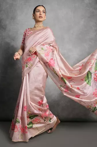 Floral Printed Zari Tussar Saree With Tassels
