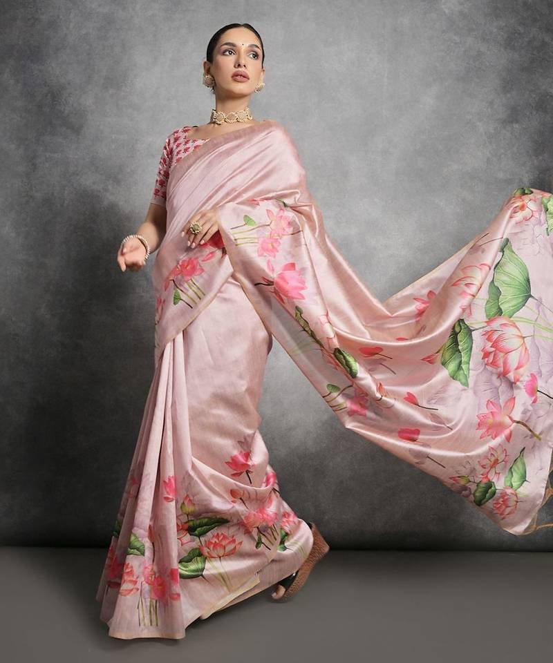 Floral Printed Zari Tussar Saree With Tassels