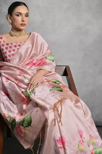 Floral Printed Zari Tussar Saree With Tassels