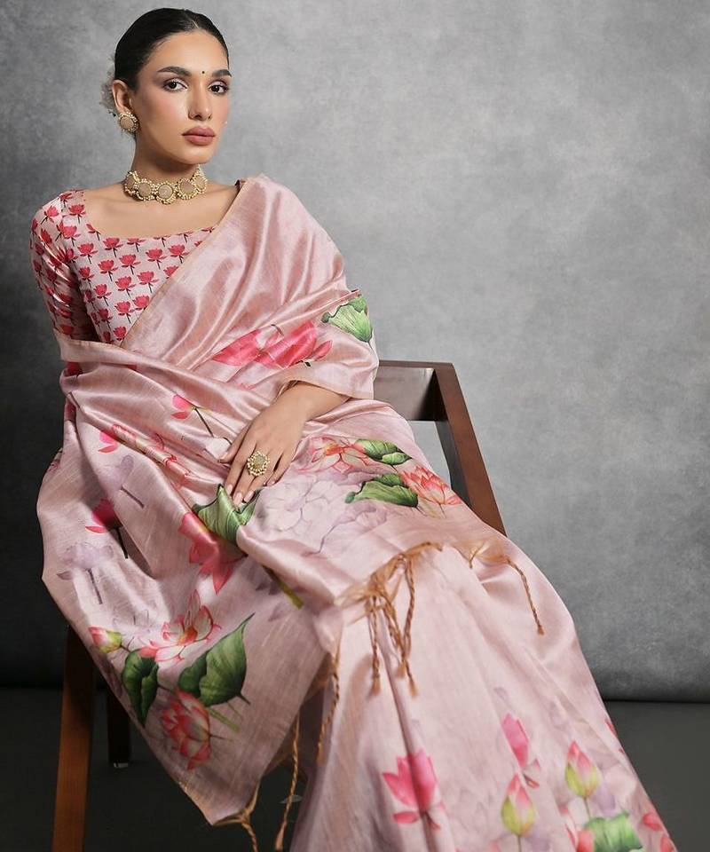 Floral Printed Zari Tussar Saree With Tassels