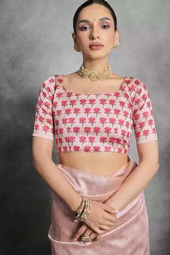 Floral Printed Zari Tussar Saree With Tassels