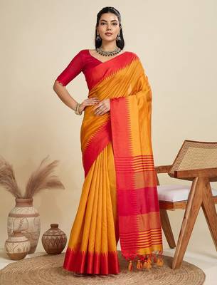Solid Contrast Temple Border Raw Silk Saree with Striped Zari Woven Detail 1