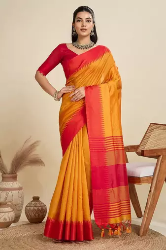 Solid Contrast Temple Border Raw Silk Saree with Striped Zari Woven Detail