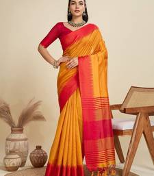 Solid Contrast Temple Border Raw Silk Saree with Striped Zari Woven Detail