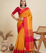 Solid Contrast Temple Border Raw Silk Saree with Striped Zari Woven Detail