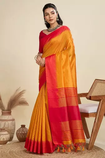 Solid Contrast Temple Border Raw Silk Saree with Striped Zari Woven Detail
