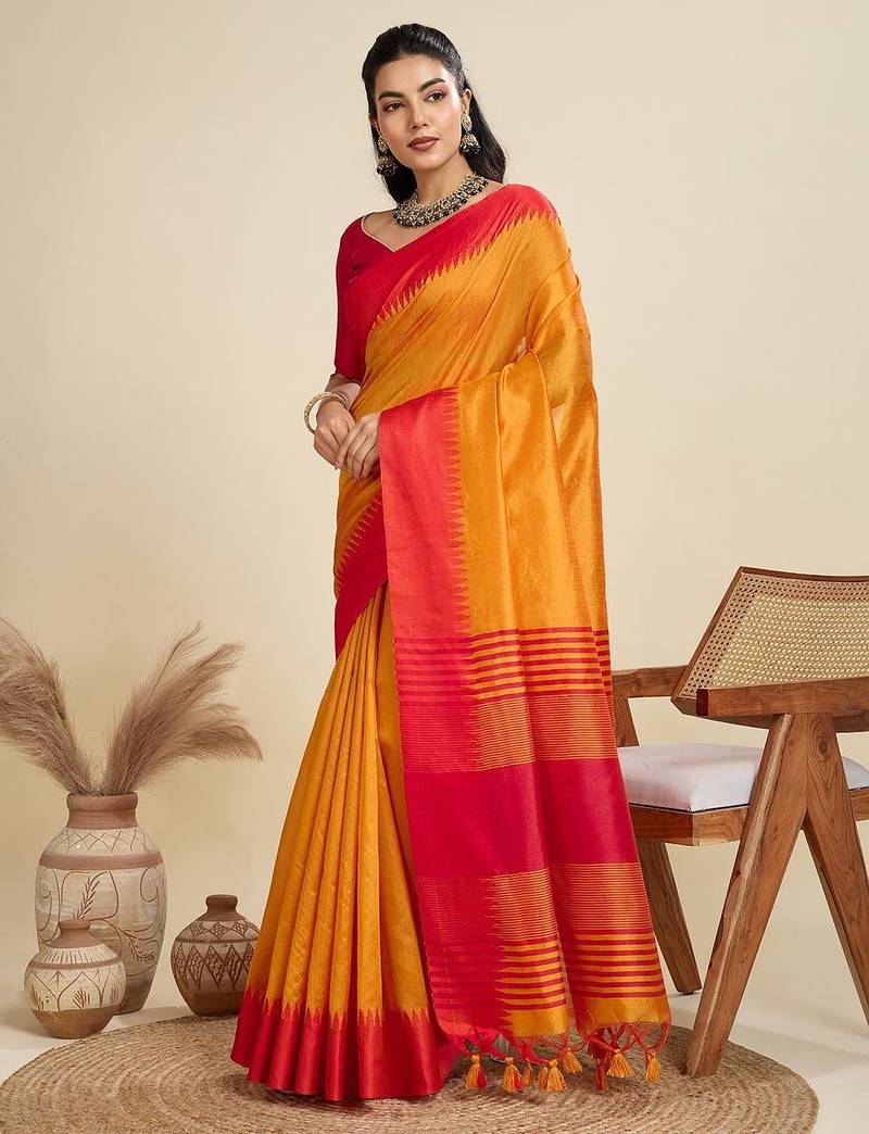Solid Contrast Temple Border Raw Silk Saree with Striped Zari Woven Detail