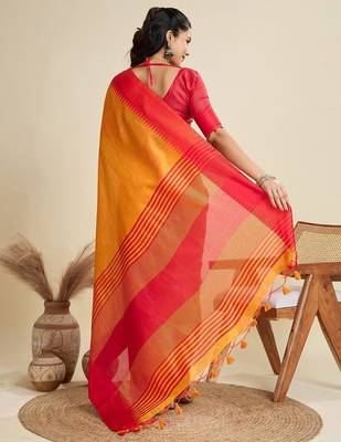 Solid Contrast Temple Border Raw Silk Saree with Striped Zari Woven Detail 3