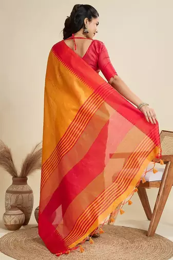 Solid Contrast Temple Border Raw Silk Saree with Striped Zari Woven Detail