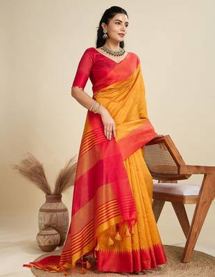 Solid Contrast Temple Border Raw Silk Saree with Striped Zari Woven Detail 4