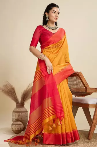 Solid Contrast Temple Border Raw Silk Saree with Striped Zari Woven Detail