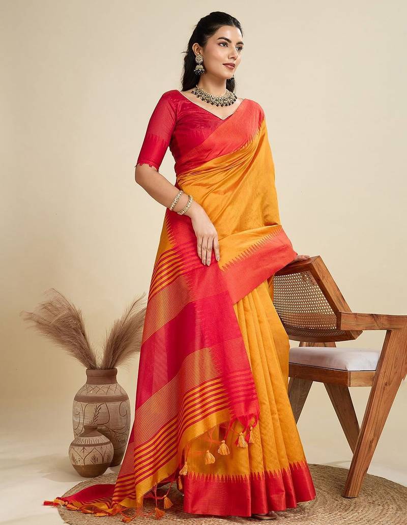 Solid Contrast Temple Border Raw Silk Saree with Striped Zari Woven Detail