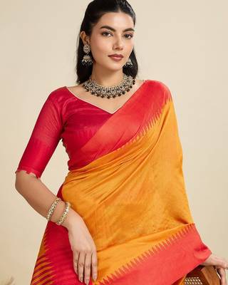 Solid Contrast Temple Border Raw Silk Saree with Striped Zari Woven Detail 5