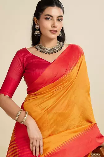 Solid Contrast Temple Border Raw Silk Saree with Striped Zari Woven Detail