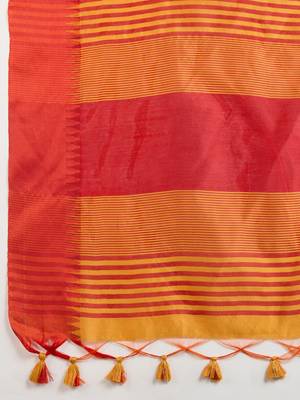 Solid Contrast Temple Border Raw Silk Saree with Striped Zari Woven Detail 6
