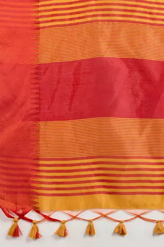 Solid Contrast Temple Border Raw Silk Saree with Striped Zari Woven Detail