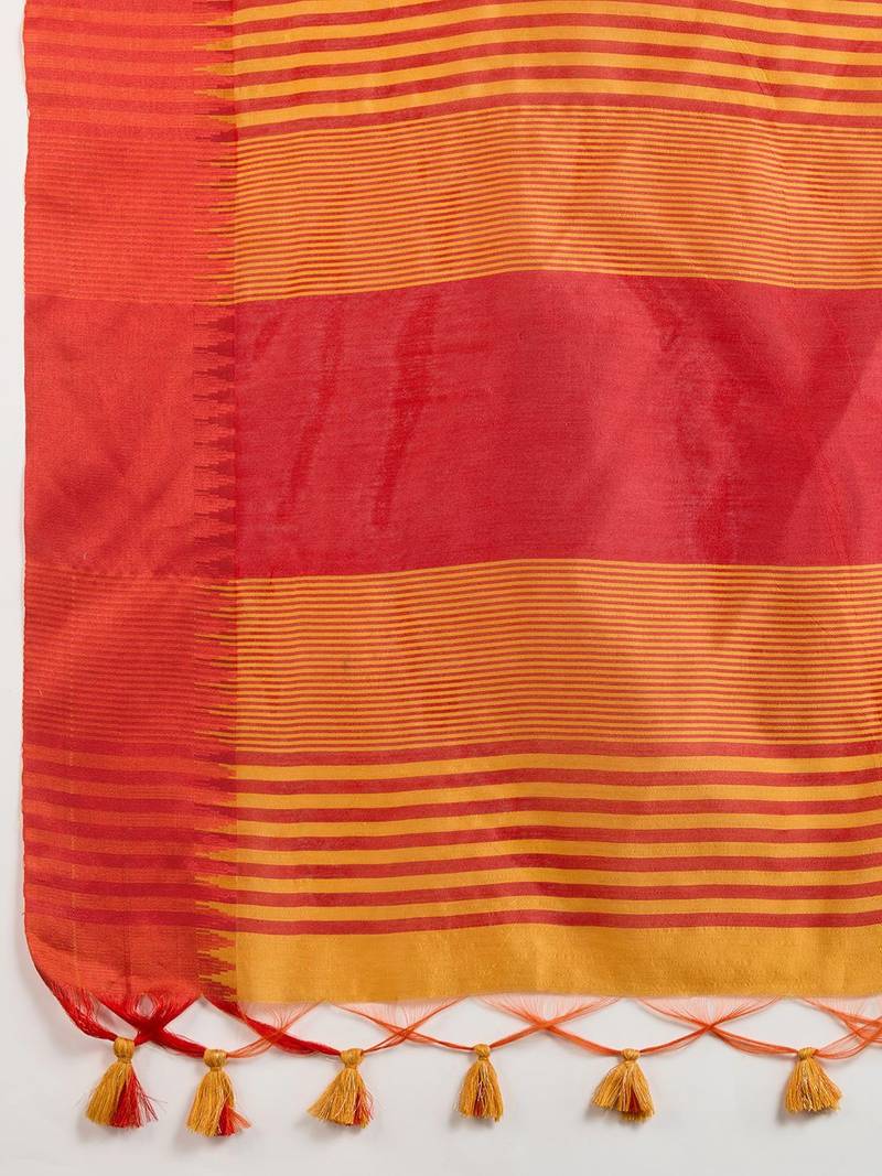 Solid Contrast Temple Border Raw Silk Saree with Striped Zari Woven Detail