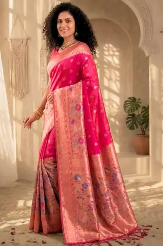 Batik Zari Silk Blend Designer Banarasi Saree