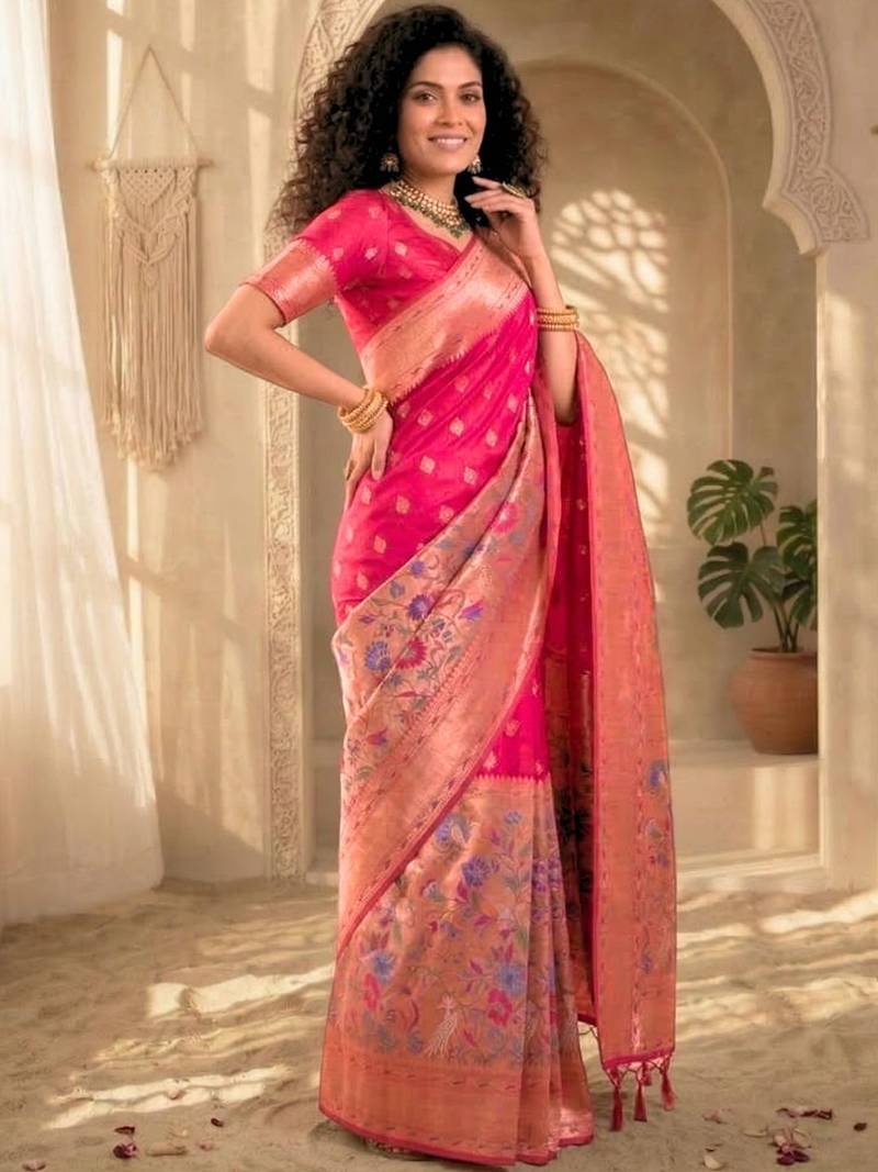 Batik Zari Silk Blend Designer Banarasi Saree
