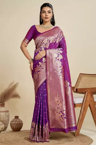 Zari Woven Butti Banarasi Silk Saree with Big Flower Border and Detail Work