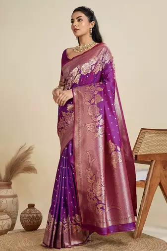 Zari Woven Butti Banarasi Silk Saree with Big Flower Border and Detail Work