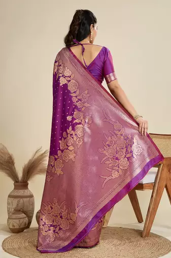 Zari Woven Butti Banarasi Silk Saree with Big Flower Border and Detail Work