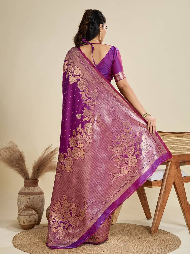 Zari Woven Butti Banarasi Silk Saree with Big Flower Border and Detail Work