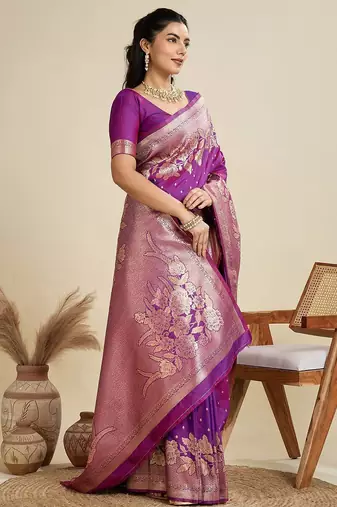 Zari Woven Butti Banarasi Silk Saree with Big Flower Border and Detail Work