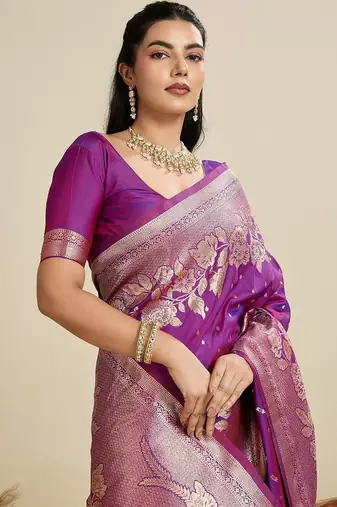 Zari Woven Butti Banarasi Silk Saree with Big Flower Border and Detail Work