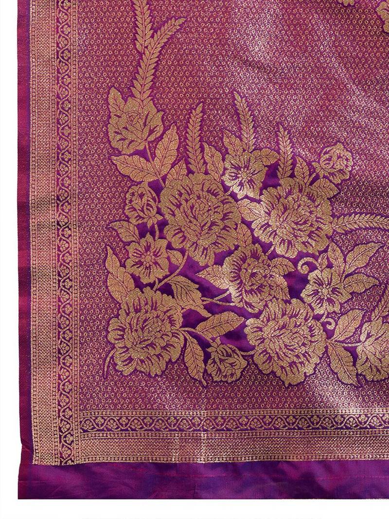 Zari Woven Butti Banarasi Silk Saree with Big Flower Border and Detail Work