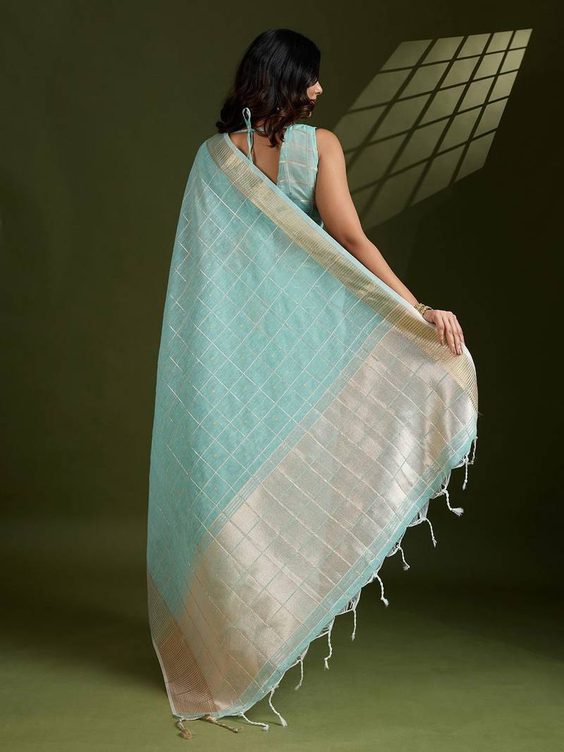 All Over Checks Zari Woven Soft Silk Saree with Zari Details