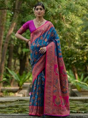 Peacock Firozi Ethnic Motifs Woven Design Zari Pashmina Silk Sarees 1