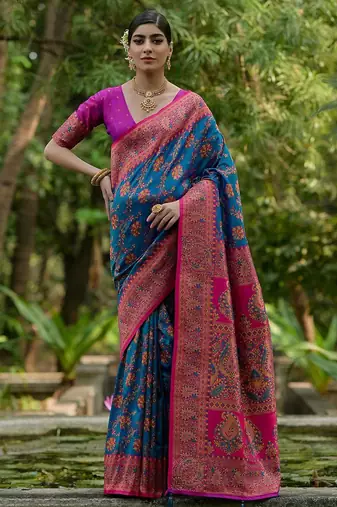 Peacock Firozi Ethnic Motifs Woven Design Zari Pashmina Silk Sarees
