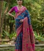 Peacock Firozi Ethnic Motifs Woven Design Zari Pashmina Silk Sarees