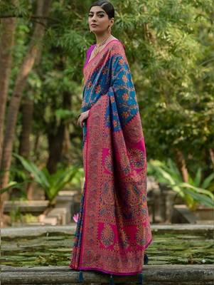 Peacock Firozi Ethnic Motifs Woven Design Zari Pashmina Silk Sarees 2