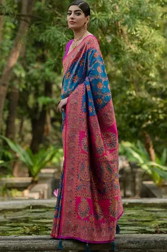 Peacock Firozi Ethnic Motifs Woven Design Zari Pashmina Silk Sarees