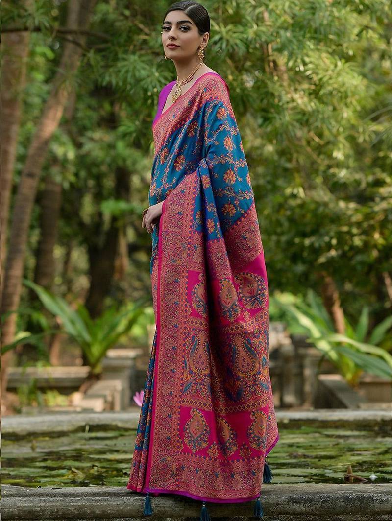 Peacock Firozi Ethnic Motifs Woven Design Zari Pashmina Silk Sarees