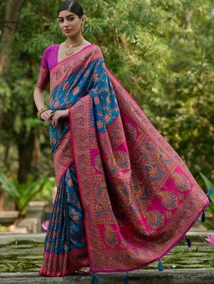 Peacock Firozi Ethnic Motifs Woven Design Zari Pashmina Silk Sarees 3