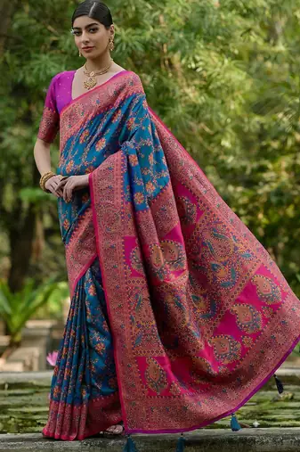 Peacock Firozi Ethnic Motifs Woven Design Zari Pashmina Silk Sarees