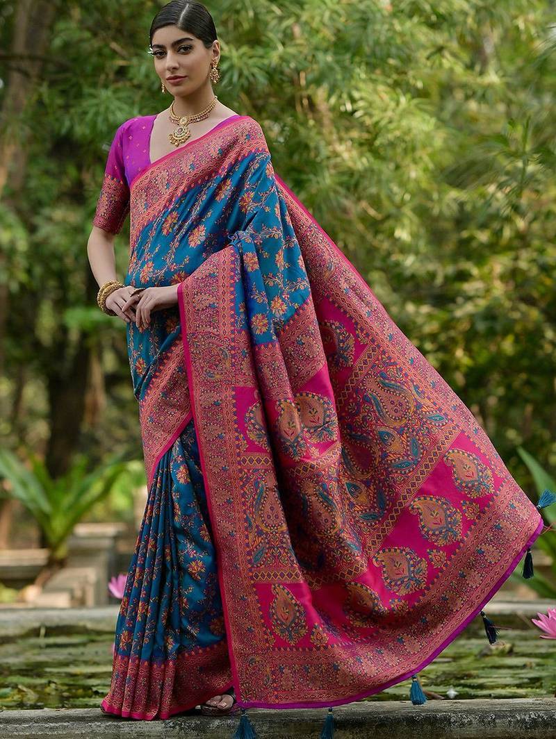 Peacock Firozi Ethnic Motifs Woven Design Zari Pashmina Silk Sarees
