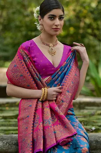 Peacock Firozi Ethnic Motifs Woven Design Zari Pashmina Silk Sarees