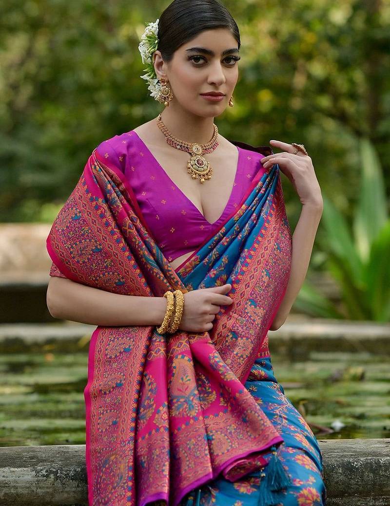 Peacock Firozi Ethnic Motifs Woven Design Zari Pashmina Silk Sarees