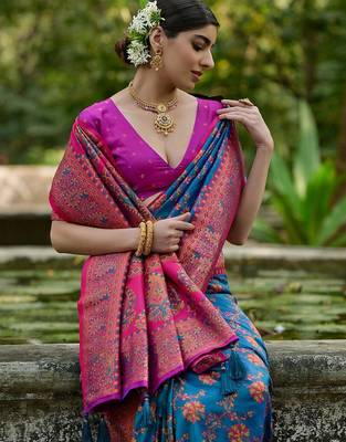 Peacock Firozi Ethnic Motifs Woven Design Zari Pashmina Silk Sarees 5