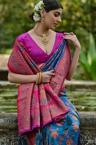 Peacock Firozi Ethnic Motifs Woven Design Zari Pashmina Silk Sarees